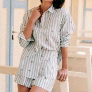 Sezane Maxy Shirt - Flowers on Blue Stripes - EU 36 / US 4